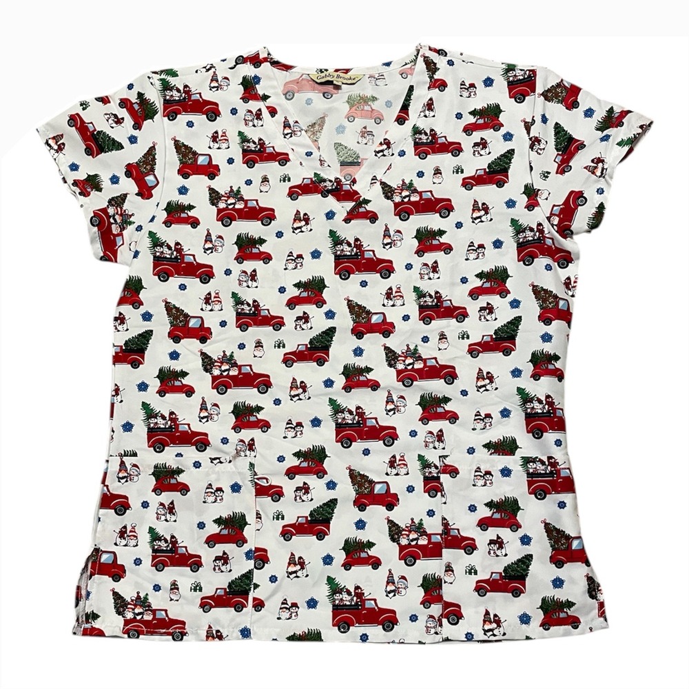 Gabby Brooke Womens Christmas Print Scrub Top V Neck Red Truck Snowman‎ Tree